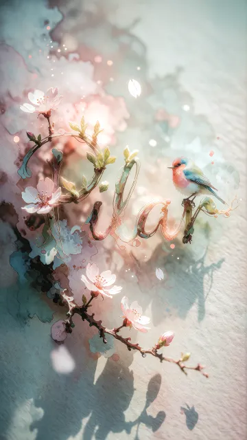 Pilar diseño 11 - Un delicado diseño de estilo acuarela digital que combina una tipografía de caligrafía personalizada para el nombre en tonos dorados y rosados suaves, adornada con pequeñas hojas y brotes. Un pajarito azul y naranja vibrante está posado en una de las letras. Todo está rodeado por un marco circular de ramas de cerezo en flor con delicadas flores rosadas y blancas. El fondo es un lavado de acuarela difuminado en tonos pastel suaves de azul cerceta, rosa rubor y melocotón sobre una textura de papel rugoso, con destellos luminosos y motas de luz bokeh flotando alrededor, creando una atmósfera mágica y soñadora. Las sombras suaves proyectadas añaden profundidad.