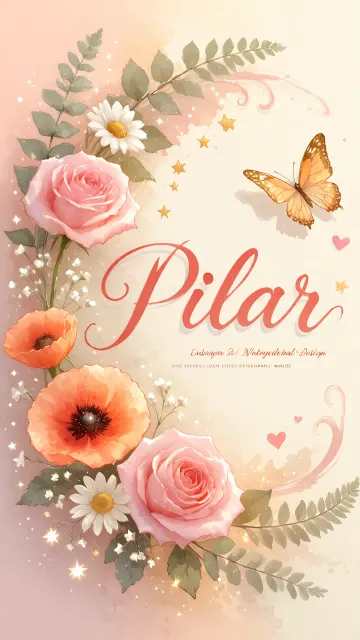 Pilar diseño 3 - Elegante composición de rosas rosadas y amapolas naranjas con mariposas doradas brillantes sobre un fondo cálido, romántico y mágico.