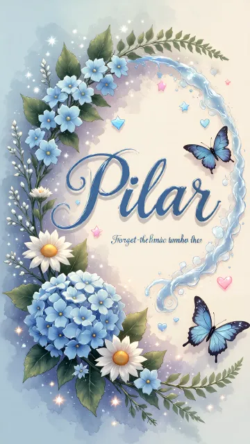 Pilar diseño 4 - Composición magica con nombre en letra cursiva azul, rodeado de hortensias azules, margaritas blancas y delicadas flores silvestres, enmarcado por suaves remolinos de agua, mariposas azules y destellos estelares sobre un fondo etéreo y romántico.