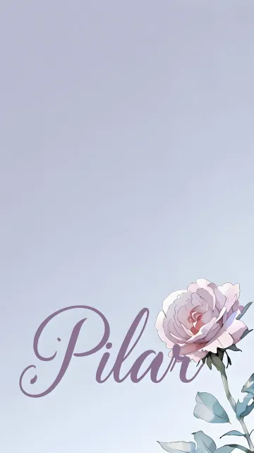 Pilar diseño 5 - Nombre en elegante tipografía cursiva caligráfica en tono lavanda, sobre fondo acuarela de cielo nublado en tonos pastel (azul, blanco, lavanda), decorado con rosa en acuarela de pétalos rosa pálido, blanco crema y lilas suaves con hojas en gris-verde.