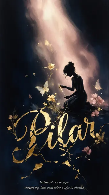 Pilar diseño 6 - Composición de ilustración semirrealista cinematográfica con silueta femenina tejiendo un hilo dorado de luz sobre un suelo oscuro fracturado al estilo Kintsugi, donde el nombre resalta en un prominente guión caligráfico dorado que emerge de las grietas, rodeado de flores blancas, mariposas y un fondo degradado de azules profundos iluminado por una luz celestial en tonos melocotón y crema, con una frase de aliento en tipografía blanca en la parte inferior.