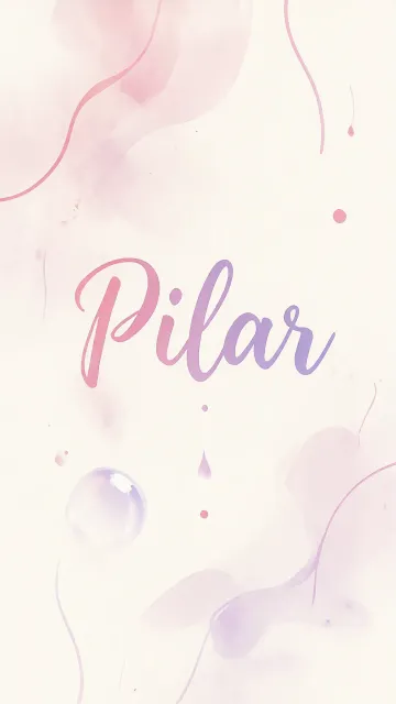 Pilar diseño 7 - Diseño abstracto en acuarela sobre fondo crema, con manchas fluidas y etéreas en rosa pastel y lila, líneas curvas que aportan movimiento, pequeñas gotas salpicadas cayendo verticalmente y una burbuja translúcida en la parte superior izquierda. El nombre resalta al centro con una tipografía cursiva amplia y elegante en degradado rosa a morado.