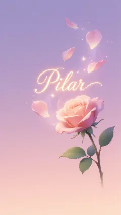 Pilar - Fondo de Pantalla con degradado suave que transiciona de lila en la parte superior a melocotón y rosa pastel en la base, destacando una rosa rosada hiperrealista con tallo y hojas verdes. El nombre brilla en tipografía cursiva con efecto neón cálido, adornado con pétalos cayendo y chispas de luz mágica.