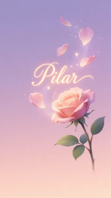 Pilar diseño 8 - Fondo de Pantalla con degradado suave que transiciona de lila en la parte superior a melocotón y rosa pastel en la base, destacando una rosa rosada hiperrealista con tallo y hojas verdes. El nombre brilla en tipografía cursiva con efecto neón cálido, adornado con pétalos cayendo y chispas de luz mágica.