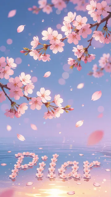 Pilar diseño 9 - Composición serena y onírica con ramas de cerezo en flor (sakura) en la parte superior contra un cielo en degradado de azul suave y lila. Pétalos de color rosa pastel flotan delicadamente en el aire cayendo hacia una superficie de agua tranquila y cristalina. En el centro inferior, el nombre está formado por pétalos de flores con un sutil efecto de relieve 3D y tipografía floral, reflejándose sobre el agua que está iluminada por un cálido destello dorado de luz solar en la esquina inferior derecha.