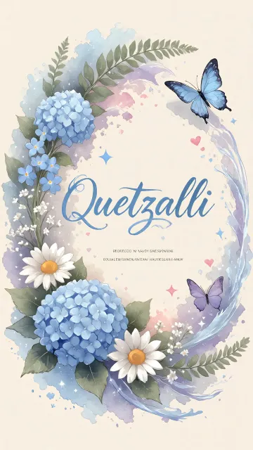 Quetzalli diseño 1 - Hortensias azules, flores pequeñas y acuarela suave con mariposas azules y brillo etéreo