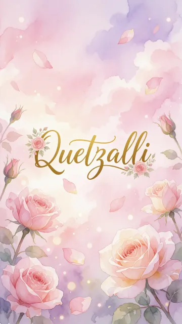 Quetzalli diseño 10 - Diseño estilo acuarela con un fondo etéreo y texturizado en nubes de tonos rosa pastel y lila suave. Presenta composiciones de rosas abiertas y capullos en los bordes inferior y superior, con pétalos cayendo delicadamente. Incorpora destellos de luz cálida (efecto bokeh) y, en el centro, resalta una tipografía elegante, cursiva y fluida en color dorado.