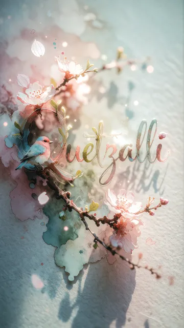 Quetzalli diseño 11 - Un delicado diseño de estilo acuarela digital que combina una tipografía de caligrafía personalizada para el nombre en tonos dorados y rosados suaves, adornada con pequeñas hojas y brotes. Un pajarito azul y naranja vibrante está posado en una de las letras. Todo está rodeado por un marco circular de ramas de cerezo en flor con delicadas flores rosadas y blancas. El fondo es un lavado de acuarela difuminado en tonos pastel suaves de azul cerceta, rosa rubor y melocotón sobre una textura de papel rugoso, con destellos luminosos y motas de luz bokeh flotando alrededor, creando una atmósfera mágica y soñadora. Las sombras suaves proyectadas añaden profundidad.