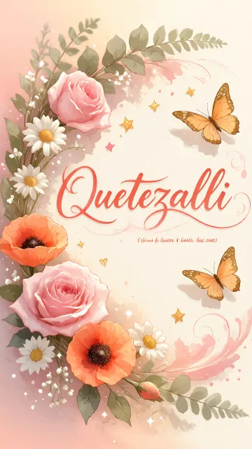 Quetzalli diseño 3 - Elegante composición de rosas rosadas y amapolas naranjas con mariposas doradas brillantes sobre un fondo cálido, romántico y mágico.