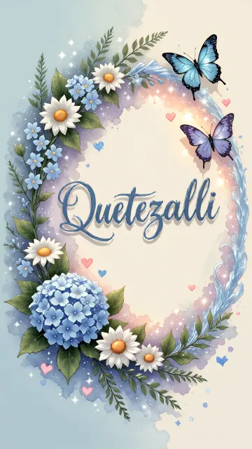Quetzalli diseño 4 - Composición magica con nombre en letra cursiva azul, rodeado de hortensias azules, margaritas blancas y delicadas flores silvestres, enmarcado por suaves remolinos de agua, mariposas azules y destellos estelares sobre un fondo etéreo y romántico.