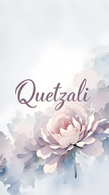Quetzalli diseño 5 - Nombre en elegante tipografía cursiva caligráfica en tono lavanda, sobre fondo acuarela de cielo nublado en tonos pastel (azul, blanco, lavanda), decorado con rosa en acuarela de pétalos rosa pálido, blanco crema y lilas suaves con hojas en gris-verde.