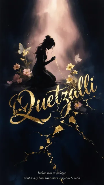 Quetzalli diseño 6 - Composición de ilustración semirrealista cinematográfica con silueta femenina tejiendo un hilo dorado de luz sobre un suelo oscuro fracturado al estilo Kintsugi, donde el nombre resalta en un prominente guión caligráfico dorado que emerge de las grietas, rodeado de flores blancas, mariposas y un fondo degradado de azules profundos iluminado por una luz celestial en tonos melocotón y crema, con una frase de aliento en tipografía blanca en la parte inferior.