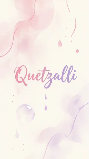 Quetzalli diseño 7 - Diseño abstracto en acuarela sobre fondo crema, con manchas fluidas y etéreas en rosa pastel y lila, líneas curvas que aportan movimiento, pequeñas gotas salpicadas cayendo verticalmente y una burbuja translúcida en la parte superior izquierda. El nombre resalta al centro con una tipografía cursiva amplia y elegante en degradado rosa a morado.