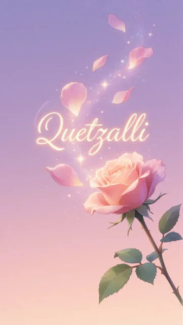 Quetzalli diseño 8 - Fondo de Pantalla con degradado suave que transiciona de lila en la parte superior a melocotón y rosa pastel en la base, destacando una rosa rosada hiperrealista con tallo y hojas verdes. El nombre brilla en tipografía cursiva con efecto neón cálido, adornado con pétalos cayendo y chispas de luz mágica.
