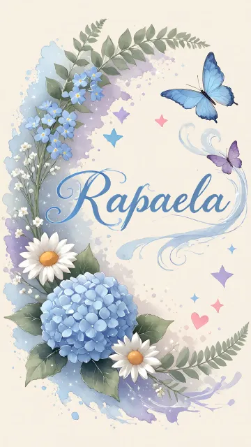Rafaela diseño 1 - Hortensias azules, flores pequeñas y acuarela suave con mariposas azules y brillo etéreo