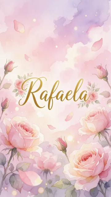 Rafaela diseño 10 - Diseño estilo acuarela con un fondo etéreo y texturizado en nubes de tonos rosa pastel y lila suave. Presenta composiciones de rosas abiertas y capullos en los bordes inferior y superior, con pétalos cayendo delicadamente. Incorpora destellos de luz cálida (efecto bokeh) y, en el centro, resalta una tipografía elegante, cursiva y fluida en color dorado.