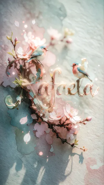 Rafaela diseño 11 - Un delicado diseño de estilo acuarela digital que combina una tipografía de caligrafía personalizada para el nombre en tonos dorados y rosados suaves, adornada con pequeñas hojas y brotes. Un pajarito azul y naranja vibrante está posado en una de las letras. Todo está rodeado por un marco circular de ramas de cerezo en flor con delicadas flores rosadas y blancas. El fondo es un lavado de acuarela difuminado en tonos pastel suaves de azul cerceta, rosa rubor y melocotón sobre una textura de papel rugoso, con destellos luminosos y motas de luz bokeh flotando alrededor, creando una atmósfera mágica y soñadora. Las sombras suaves proyectadas añaden profundidad.