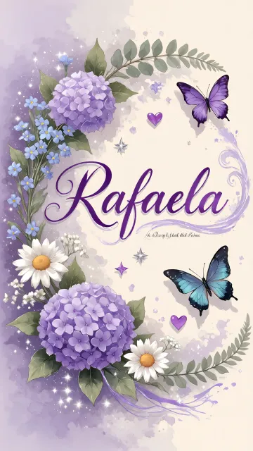 Rafaela diseño 2 - Diseño elegante de hortensias en tonos lila y morados suaves, con volutas estilizadas y una mariposa mística que aporta un toque etéreo y mágico.