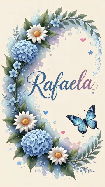 Rafaela diseño 4 - Composición magica con nombre en letra cursiva azul, rodeado de hortensias azules, margaritas blancas y delicadas flores silvestres, enmarcado por suaves remolinos de agua, mariposas azules y destellos estelares sobre un fondo etéreo y romántico.