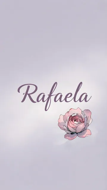 Rafaela diseño 5 - Nombre en elegante tipografía cursiva caligráfica en tono lavanda, sobre fondo acuarela de cielo nublado en tonos pastel (azul, blanco, lavanda), decorado con rosa en acuarela de pétalos rosa pálido, blanco crema y lilas suaves con hojas en gris-verde.