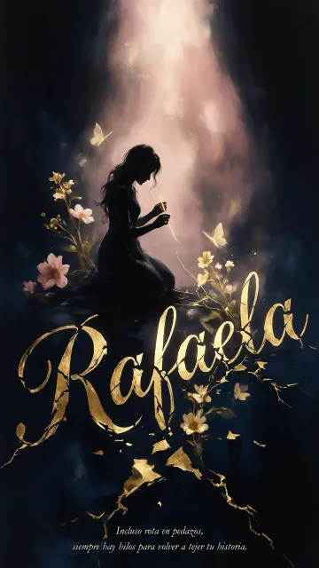 Rafaela diseño 6 - Composición de ilustración semirrealista cinematográfica con silueta femenina tejiendo un hilo dorado de luz sobre un suelo oscuro fracturado al estilo Kintsugi, donde el nombre resalta en un prominente guión caligráfico dorado que emerge de las grietas, rodeado de flores blancas, mariposas y un fondo degradado de azules profundos iluminado por una luz celestial en tonos melocotón y crema, con una frase de aliento en tipografía blanca en la parte inferior.