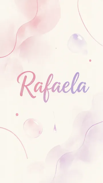 Rafaela diseño 7 - Diseño abstracto en acuarela sobre fondo crema, con manchas fluidas y etéreas en rosa pastel y lila, líneas curvas que aportan movimiento, pequeñas gotas salpicadas cayendo verticalmente y una burbuja translúcida en la parte superior izquierda. El nombre resalta al centro con una tipografía cursiva amplia y elegante en degradado rosa a morado.
