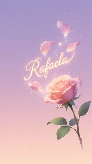 Rafaela diseño 8 - Fondo de Pantalla con degradado suave que transiciona de lila en la parte superior a melocotón y rosa pastel en la base, destacando una rosa rosada hiperrealista con tallo y hojas verdes. El nombre brilla en tipografía cursiva con efecto neón cálido, adornado con pétalos cayendo y chispas de luz mágica.