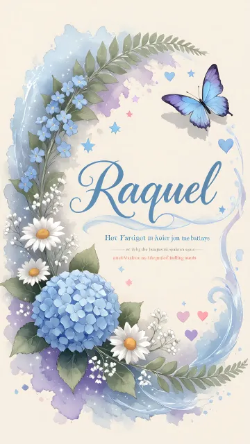 Raquel diseño 1 - Hortensias azules, flores pequeñas y acuarela suave con mariposas azules y brillo etéreo