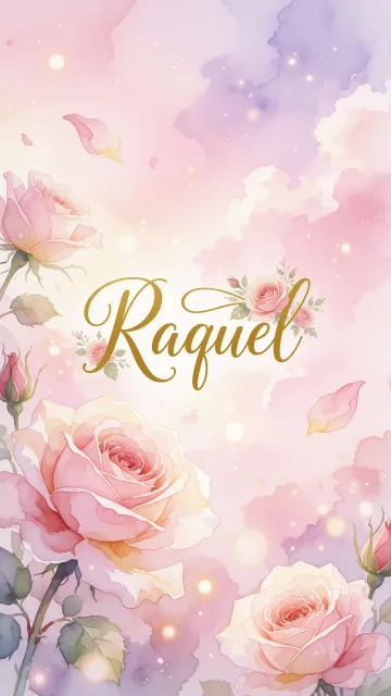 Raquel diseño 10 - Diseño estilo acuarela con un fondo etéreo y texturizado en nubes de tonos rosa pastel y lila suave. Presenta composiciones de rosas abiertas y capullos en los bordes inferior y superior, con pétalos cayendo delicadamente. Incorpora destellos de luz cálida (efecto bokeh) y, en el centro, resalta una tipografía elegante, cursiva y fluida en color dorado.