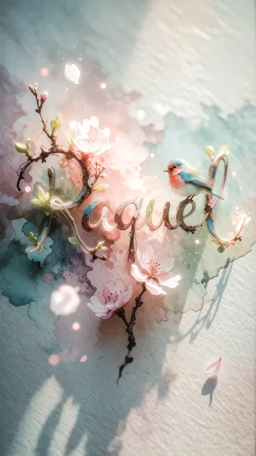 Raquel diseño 11 - Un delicado diseño de estilo acuarela digital que combina una tipografía de caligrafía personalizada para el nombre en tonos dorados y rosados suaves, adornada con pequeñas hojas y brotes. Un pajarito azul y naranja vibrante está posado en una de las letras. Todo está rodeado por un marco circular de ramas de cerezo en flor con delicadas flores rosadas y blancas. El fondo es un lavado de acuarela difuminado en tonos pastel suaves de azul cerceta, rosa rubor y melocotón sobre una textura de papel rugoso, con destellos luminosos y motas de luz bokeh flotando alrededor, creando una atmósfera mágica y soñadora. Las sombras suaves proyectadas añaden profundidad.
