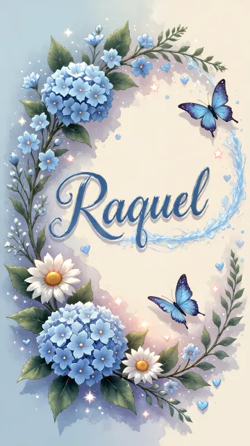 Raquel diseño 4 - Composición magica con nombre en letra cursiva azul, rodeado de hortensias azules, margaritas blancas y delicadas flores silvestres, enmarcado por suaves remolinos de agua, mariposas azules y destellos estelares sobre un fondo etéreo y romántico.