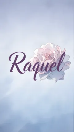 Raquel - Nombre en elegante tipografía cursiva caligráfica en tono lavanda, sobre fondo acuarela de cielo nublado en tonos pastel (azul, blanco, lavanda), decorado con rosa en acuarela de pétalos rosa pálido, blanco crema y lilas suaves con hojas en gris-verde.