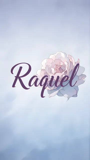 Raquel diseño 5 - Nombre en elegante tipografía cursiva caligráfica en tono lavanda, sobre fondo acuarela de cielo nublado en tonos pastel (azul, blanco, lavanda), decorado con rosa en acuarela de pétalos rosa pálido, blanco crema y lilas suaves con hojas en gris-verde.