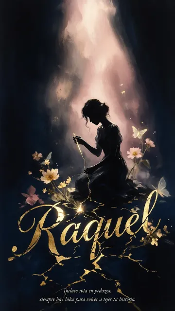 Raquel diseño 6 - Composición de ilustración semirrealista cinematográfica con silueta femenina tejiendo un hilo dorado de luz sobre un suelo oscuro fracturado al estilo Kintsugi, donde el nombre resalta en un prominente guión caligráfico dorado que emerge de las grietas, rodeado de flores blancas, mariposas y un fondo degradado de azules profundos iluminado por una luz celestial en tonos melocotón y crema, con una frase de aliento en tipografía blanca en la parte inferior.