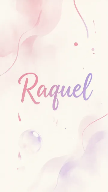 Raquel diseño 7 - Diseño abstracto en acuarela sobre fondo crema, con manchas fluidas y etéreas en rosa pastel y lila, líneas curvas que aportan movimiento, pequeñas gotas salpicadas cayendo verticalmente y una burbuja translúcida en la parte superior izquierda. El nombre resalta al centro con una tipografía cursiva amplia y elegante en degradado rosa a morado.