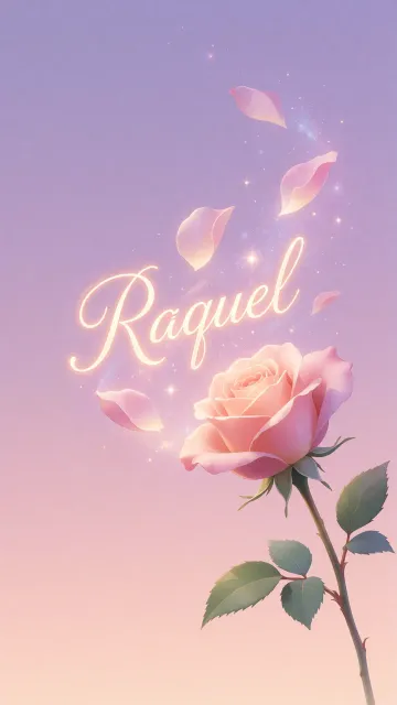 Raquel diseño 8 - Fondo de Pantalla con degradado suave que transiciona de lila en la parte superior a melocotón y rosa pastel en la base, destacando una rosa rosada hiperrealista con tallo y hojas verdes. El nombre brilla en tipografía cursiva con efecto neón cálido, adornado con pétalos cayendo y chispas de luz mágica.