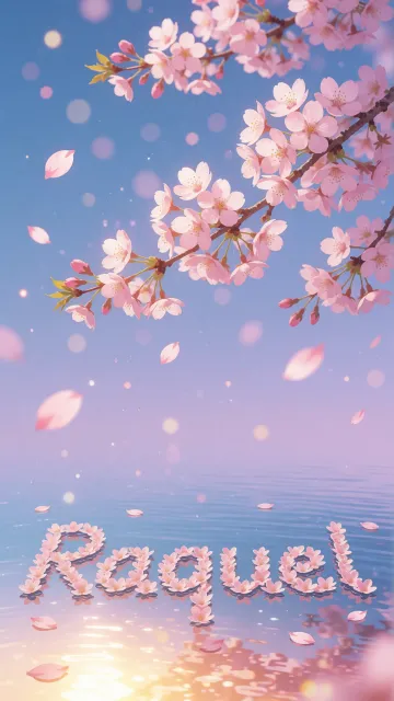 Raquel diseño 9 - Composición serena y onírica con ramas de cerezo en flor (sakura) en la parte superior contra un cielo en degradado de azul suave y lila. Pétalos de color rosa pastel flotan delicadamente en el aire cayendo hacia una superficie de agua tranquila y cristalina. En el centro inferior, el nombre está formado por pétalos de flores con un sutil efecto de relieve 3D y tipografía floral, reflejándose sobre el agua que está iluminada por un cálido destello dorado de luz solar en la esquina inferior derecha.