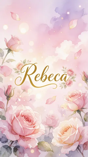 Rebeca diseño 10 - Diseño estilo acuarela con un fondo etéreo y texturizado en nubes de tonos rosa pastel y lila suave. Presenta composiciones de rosas abiertas y capullos en los bordes inferior y superior, con pétalos cayendo delicadamente. Incorpora destellos de luz cálida (efecto bokeh) y, en el centro, resalta una tipografía elegante, cursiva y fluida en color dorado.