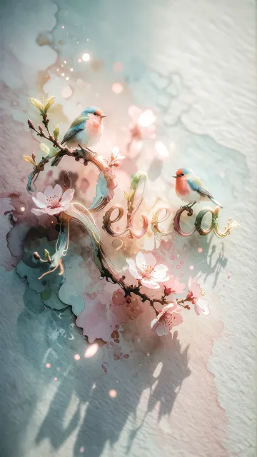 Rebeca diseño 11 - Un delicado diseño de estilo acuarela digital que combina una tipografía de caligrafía personalizada para el nombre en tonos dorados y rosados suaves, adornada con pequeñas hojas y brotes. Un pajarito azul y naranja vibrante está posado en una de las letras. Todo está rodeado por un marco circular de ramas de cerezo en flor con delicadas flores rosadas y blancas. El fondo es un lavado de acuarela difuminado en tonos pastel suaves de azul cerceta, rosa rubor y melocotón sobre una textura de papel rugoso, con destellos luminosos y motas de luz bokeh flotando alrededor, creando una atmósfera mágica y soñadora. Las sombras suaves proyectadas añaden profundidad.