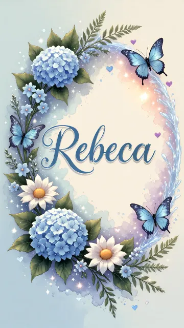Rebeca diseño 4 - Composición magica con nombre en letra cursiva azul, rodeado de hortensias azules, margaritas blancas y delicadas flores silvestres, enmarcado por suaves remolinos de agua, mariposas azules y destellos estelares sobre un fondo etéreo y romántico.