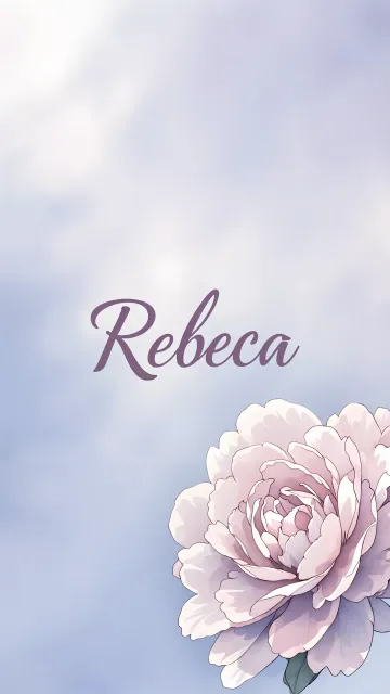 Rebeca diseño 5 - Nombre en elegante tipografía cursiva caligráfica en tono lavanda, sobre fondo acuarela de cielo nublado en tonos pastel (azul, blanco, lavanda), decorado con rosa en acuarela de pétalos rosa pálido, blanco crema y lilas suaves con hojas en gris-verde.
