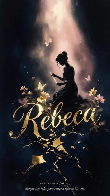 Rebeca diseño 6 - Composición de ilustración semirrealista cinematográfica con silueta femenina tejiendo un hilo dorado de luz sobre un suelo oscuro fracturado al estilo Kintsugi, donde el nombre resalta en un prominente guión caligráfico dorado que emerge de las grietas, rodeado de flores blancas, mariposas y un fondo degradado de azules profundos iluminado por una luz celestial en tonos melocotón y crema, con una frase de aliento en tipografía blanca en la parte inferior.