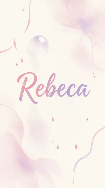 Rebeca diseño 7 - Diseño abstracto en acuarela sobre fondo crema, con manchas fluidas y etéreas en rosa pastel y lila, líneas curvas que aportan movimiento, pequeñas gotas salpicadas cayendo verticalmente y una burbuja translúcida en la parte superior izquierda. El nombre resalta al centro con una tipografía cursiva amplia y elegante en degradado rosa a morado.