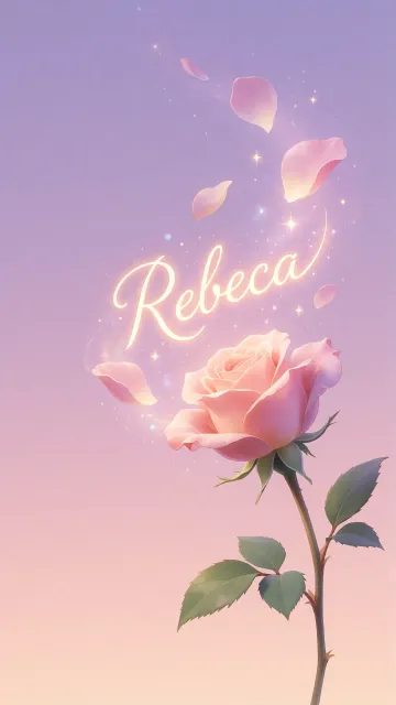 Rebeca diseño 8 - Fondo de Pantalla con degradado suave que transiciona de lila en la parte superior a melocotón y rosa pastel en la base, destacando una rosa rosada hiperrealista con tallo y hojas verdes. El nombre brilla en tipografía cursiva con efecto neón cálido, adornado con pétalos cayendo y chispas de luz mágica.