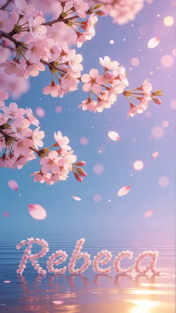Rebeca diseño 9 - Composición serena y onírica con ramas de cerezo en flor (sakura) en la parte superior contra un cielo en degradado de azul suave y lila. Pétalos de color rosa pastel flotan delicadamente en el aire cayendo hacia una superficie de agua tranquila y cristalina. En el centro inferior, el nombre está formado por pétalos de flores con un sutil efecto de relieve 3D y tipografía floral, reflejándose sobre el agua que está iluminada por un cálido destello dorado de luz solar en la esquina inferior derecha.