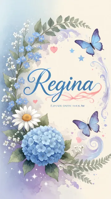 Regina diseño 1 - Hortensias azules, flores pequeñas y acuarela suave con mariposas azules y brillo etéreo