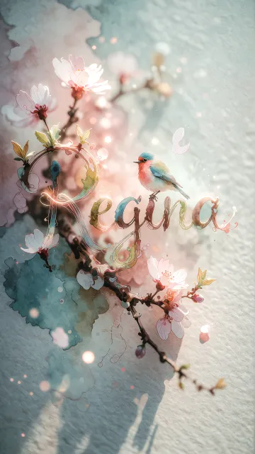 Regina diseño 11 - Un delicado diseño de estilo acuarela digital que combina una tipografía de caligrafía personalizada para el nombre en tonos dorados y rosados suaves, adornada con pequeñas hojas y brotes. Un pajarito azul y naranja vibrante está posado en una de las letras. Todo está rodeado por un marco circular de ramas de cerezo en flor con delicadas flores rosadas y blancas. El fondo es un lavado de acuarela difuminado en tonos pastel suaves de azul cerceta, rosa rubor y melocotón sobre una textura de papel rugoso, con destellos luminosos y motas de luz bokeh flotando alrededor, creando una atmósfera mágica y soñadora. Las sombras suaves proyectadas añaden profundidad.