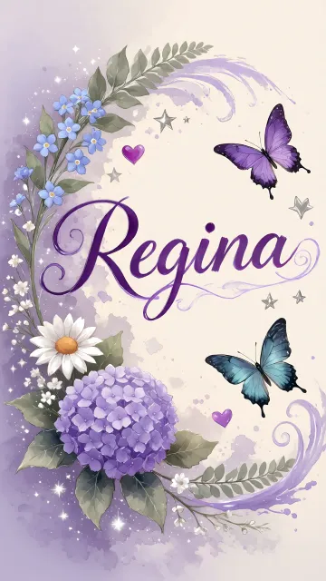 Regina diseño 2 - Diseño elegante de hortensias en tonos lila y morados suaves, con volutas estilizadas y una mariposa mística que aporta un toque etéreo y mágico.