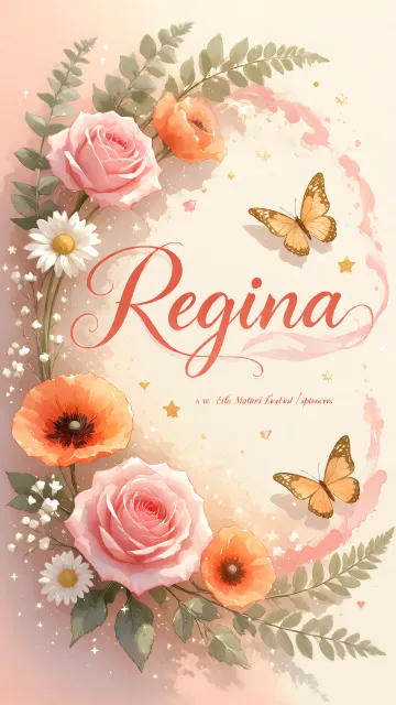 Regina diseño 3 - Elegante composición de rosas rosadas y amapolas naranjas con mariposas doradas brillantes sobre un fondo cálido, romántico y mágico.