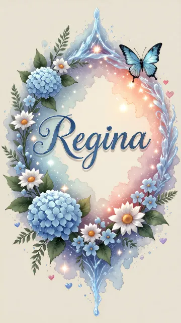 Regina diseño 4 - Composición magica con nombre en letra cursiva azul, rodeado de hortensias azules, margaritas blancas y delicadas flores silvestres, enmarcado por suaves remolinos de agua, mariposas azules y destellos estelares sobre un fondo etéreo y romántico.